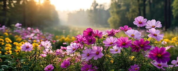 Obraz premium Blooming flowers in meadow through dreamy gardens and paradise concept. A vibrant field of blooming flowers basking in morning light.