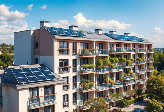 Modern apartment building with solar panels on roof and walls, modern design, energy efficiency