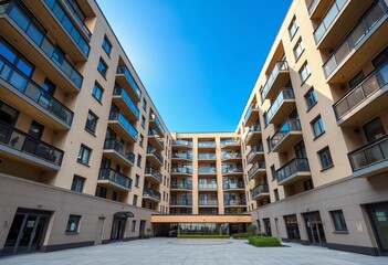 Fototapeta premium Modern BC apartment building, sunny day, architectural details, clean lines, empty space, glass, concrete