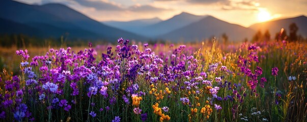 Naklejka premium Blooming flowers in meadow across glowing vibrant paradise concept. Colorful wildflowers blooming in a serene mountain landscape.