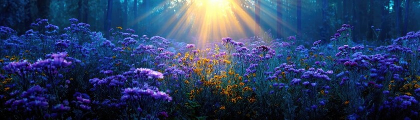 Obraz premium Blooming flowers in meadow with paradise feel and dreamy concept. Vibrant wildflowers illuminated by sunlight in a serene setting.