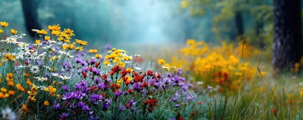 Obraz premium Blooming flowers in meadow across glowing vibrant paradise concept. Vibrant wildflowers blooming in a tranquil forest setting.