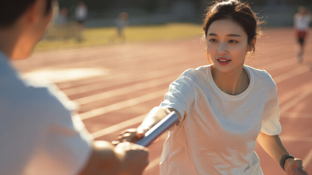 Female runner receiving baton during a relay race on track, focused and determined in warm sunlight, showcasing teamwork and athletic spirit.
