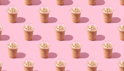 Iced coffee on a light pink surface summer pattern
