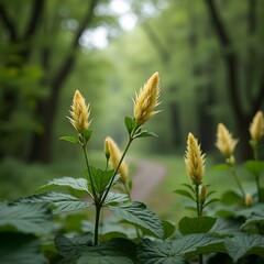 Brotes de flores de ginseng que florecen a lo largo del camino arbolado del parque.