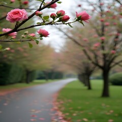 Capullos de rosas floreciendo a lo largo de un sendero arbolado en el parque