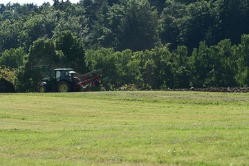 Futterbüffet. Möwen und Störche folgen einem Traktor der ein Feld ackert