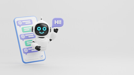 Chatbot AI Artificial Intelligence technology virtual conversation assistant support mobile smart phone online application chatting with customer service automatic answering. 3d rendering.