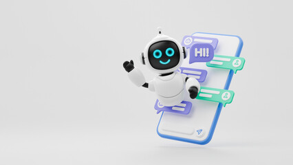 Chatbot AI Artificial Intelligence technology virtual conversation assistant support mobile smart phone online application chatting with customer service automatic answering. 3d rendering.