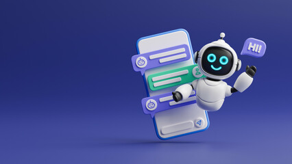 Fototapeta na wymiar Chatbot AI Artificial Intelligence technology virtual conversation assistant support mobile smart phone online application chatting with customer service automatic answering. 3d rendering.
