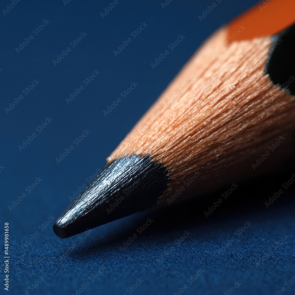 Poster close-up of a sharpened pencil tip on a dark background, showcasing the texture and detail of wood a