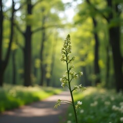 Brotes de flores de ginseng que florecen a lo largo del camino arbolado del parque.