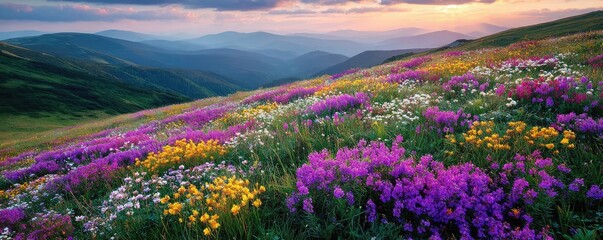 Naklejka premium Blooming flowers in meadow across glowing vibrant paradise concept. Vibrant wildflower meadow with stunning colors at sunset.