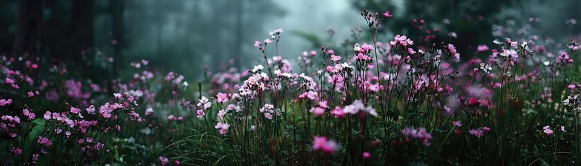 Fototapeta premium Blooming flowers in meadow through dreamy gardens and paradise concept. A serene landscape featuring blooming pink flowers in misty surroundings.