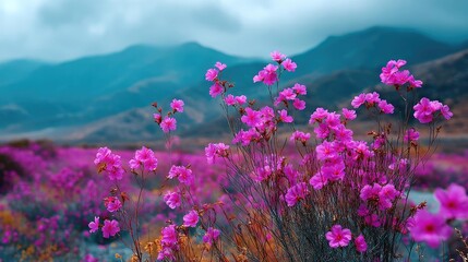 Obraz premium Blooming flowers in meadow across glowing vibrant paradise concept. Vibrant pink flowers bloom in a scenic mountain landscape.