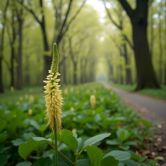 Brotes de flores de ginseng que florecen a lo largo del camino arbolado del parque.