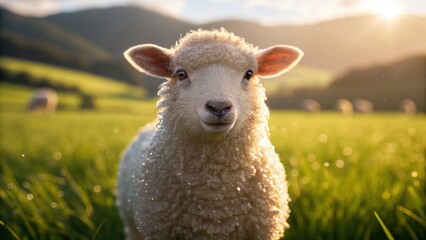 Fototapeta premium A fluffy sheep gazes curiously at the camera, surrounded by lush green grass and a picturesque landscape under a golden sunset.