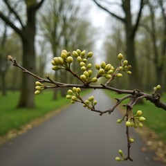 Brotes de flores de casta&ntilde;o floreciendo a lo largo de la avenida arbolada del parque