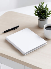 Blank Square Book Mockup on Wooden Desk with Pen, Coffee, and Plant – Minimal Workspace Scene

