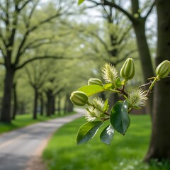 Brotes de flores de casta&ntilde;o floreciendo a lo largo de la avenida arbolada del parque