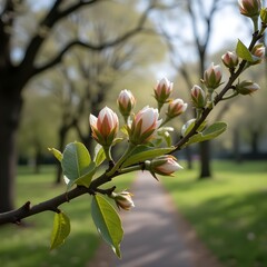 Brotes de flores de casta&ntilde;o floreciendo a lo largo de la avenida arbolada del parque