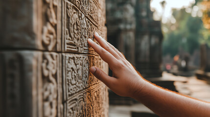 Hand touching an ancient stone wall with carvings, exploring history and texture in a sacred space. Immersive travel experience. Close-up perspective.