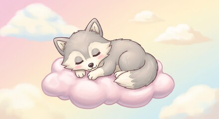 Sleeping puppy on a pink cloud illustration