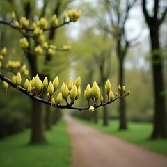 Brotes de flores de casta&ntilde;o floreciendo a lo largo de la avenida arbolada del parque