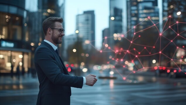 Businessman in city at night with digital overlay