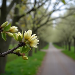 Brotes de flores de casta&ntilde;o floreciendo a lo largo de la avenida arbolada del parque