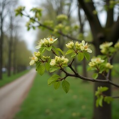 Brotes de flores de casta&ntilde;o floreciendo a lo largo de la avenida arbolada del parque