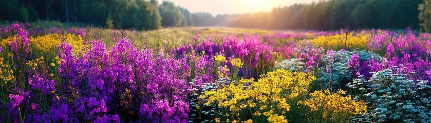Fototapeta premium Blooming flowers in meadow with paradise feel and dreamy concept. Vibrant wildflower field under a sunny sky at golden hour.