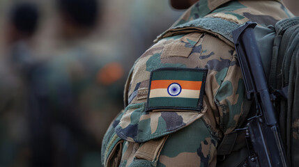 Indian Army in the Line of Duty: A stoic soldier stands in the foreground, the Indian flag proudly displayed, embodying the nation's spirit, and service. a poignant image, captured from the shoulder.