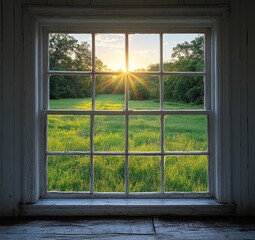 Peaceful rural landscape viewed through a window frame.