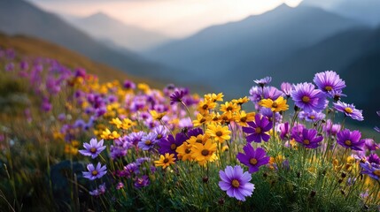 Obraz premium Blooming flowers in meadow across glowing vibrant paradise concept. Vibrant wildflowers bloom in a picturesque mountain landscape.