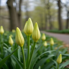 Brotes de lirio que florecen a lo largo de un sendero arbolado en el parque.