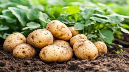 Fresh potatoes harvested in field, healthy soil, green plants