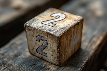 Close-up view of a weathered wooden cube displaying the number two.