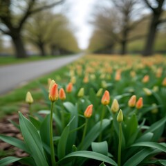 Brotes de lirio que florecen a lo largo de un sendero arbolado en el parque.