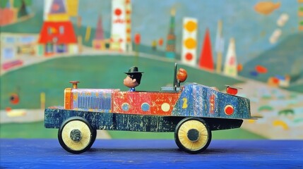 Colorful wooden toy car with driver