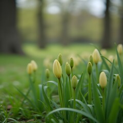 Brotes de lirio que florecen a lo largo de un sendero arbolado en el parque.
