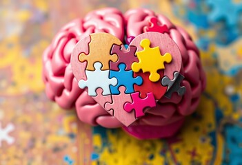 Jigsaw heart puzzle pieces on a brain model, representing mental health and autism awareness, understanding, background