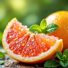 A slice of fresh grapefruit with drops and mint leaves on a wooden surface