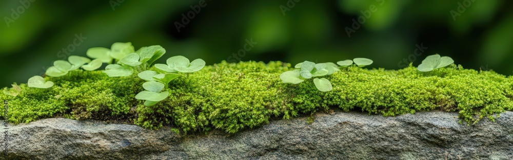 Poster moss and lichen on rock creating unique natural texture in lush green forest environment