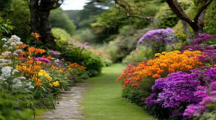 Fototapeta premium Blooming flowers in meadow through dreamy gardens and paradise concept. Vibrant garden pathway lined with colorful blooming flowers.
