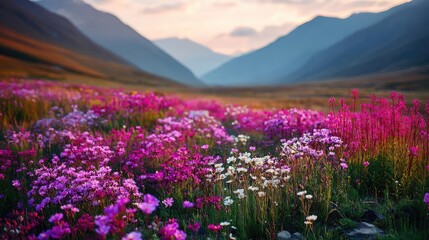 Obraz premium Blooming flowers in meadow through dreamy gardens and paradise concept. Vibrant wildflowers bloom in a scenic mountain valley at sunset.
