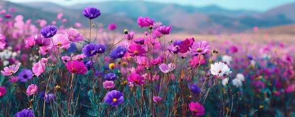 Blooming flowers in meadow across glowing vibrant paradise concept. Vibrant field of blooming wildflowers in shades of purple and pink.
