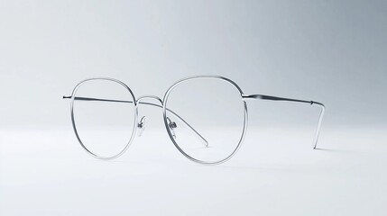 Sleek, silver-toned metal frame eyeglasses with rounded, subtly oversized lenses, subtly curved temples, and a minimalist design, displayed on a light grey background