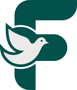 Letter F logo with a white dove symbol, combining peace and modern branding elements. Great for humanitarian brands, NGOs, or faith-based organizations.