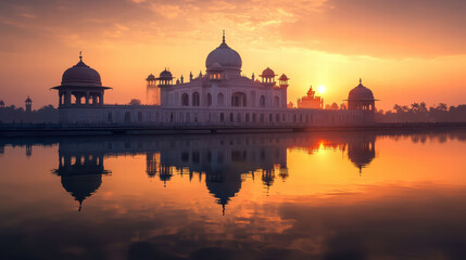 Serene Temple at Dawn: A magnificent temple stands majestically against a breathtaking dawn sky, its graceful silhouette reflected in the tranquil waters below, embodying peace and serenity.